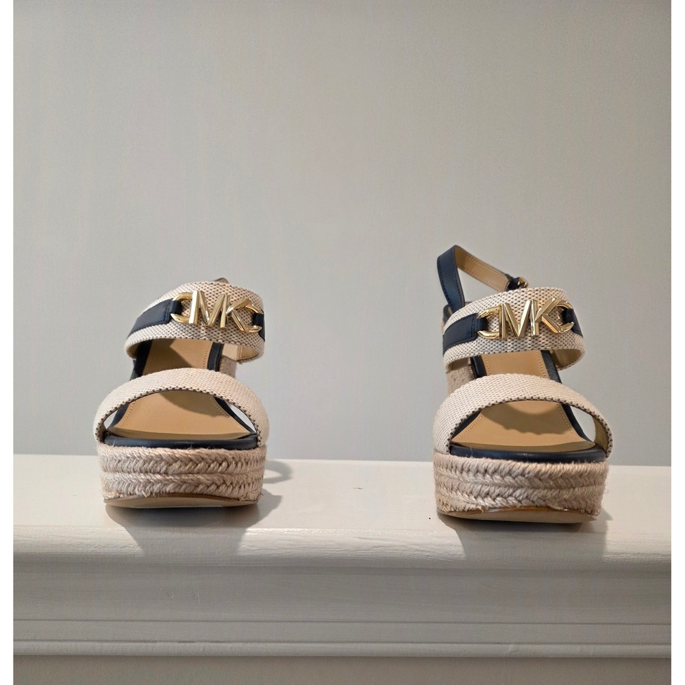 Women 6 M Michael Kors Reed Wedge Sandals Navy Natural Espadrille Platform Logo - Picture 4 of 11
